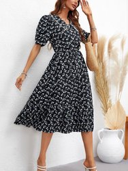 Collared Floral Print Fall Dress - Navy