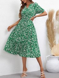 Collared Floral Puff Sleeve Dress - Green