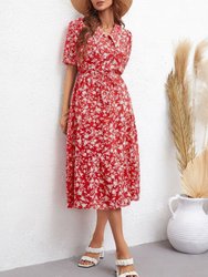 Collared Floral Puff Sleeve Dress - Red