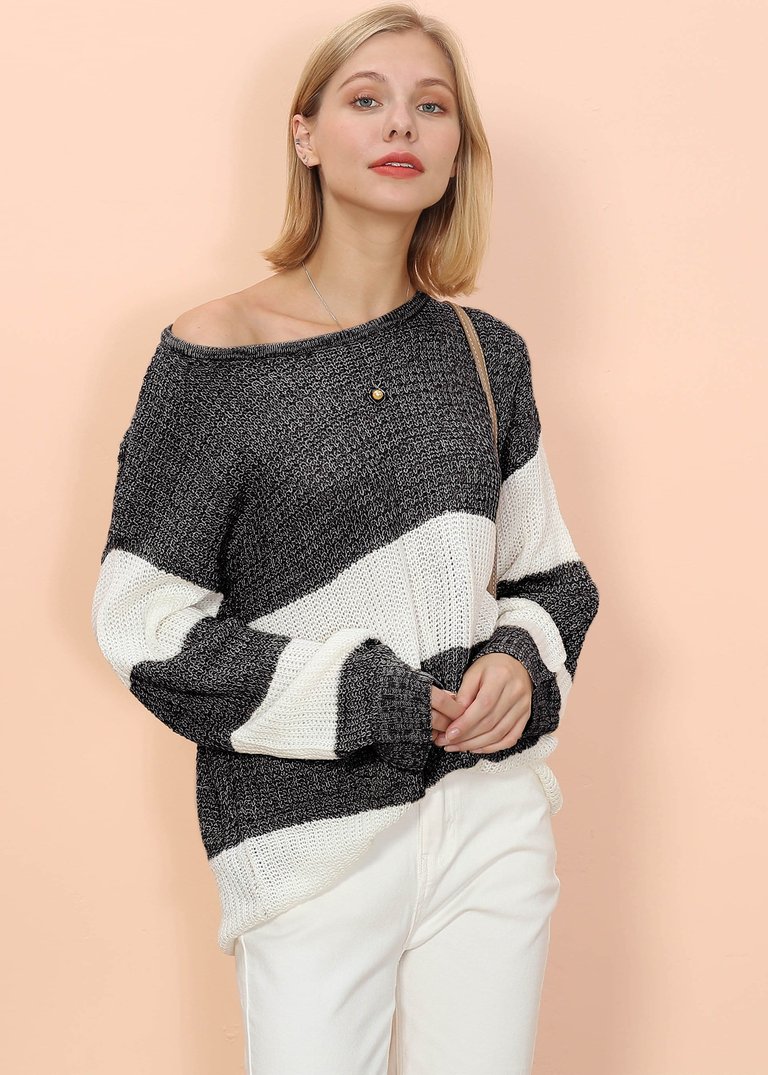 Color Block Striped Long Sweater - Gray
