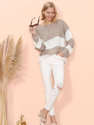 Color Block Striped Long Sweater - Beige