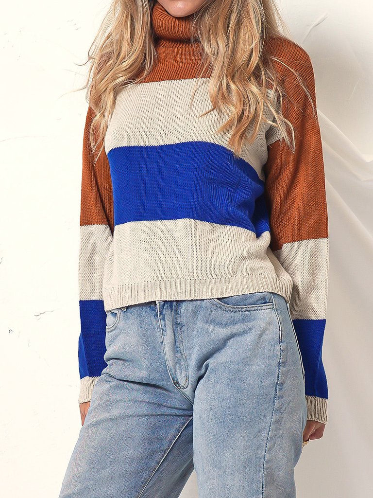 Color Block Turtleneck Cozy Sweater - Tan
