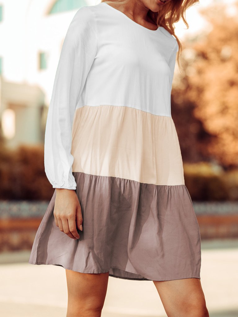 Colored Ruffle Long Sleeve Tunic Dress - Brown