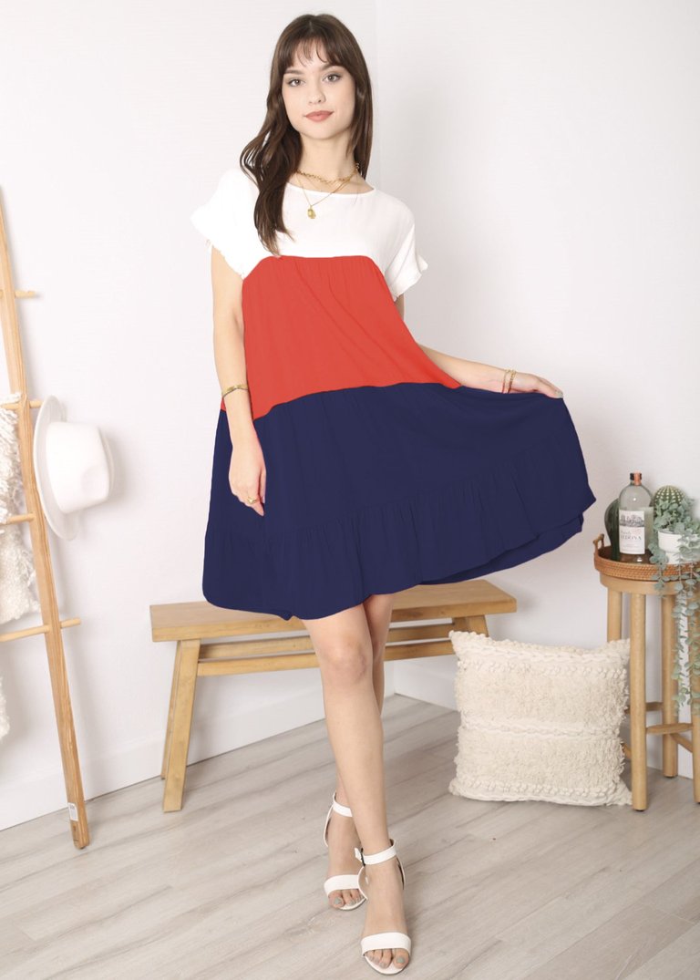 Colored With Ruffles Dress - Navy
