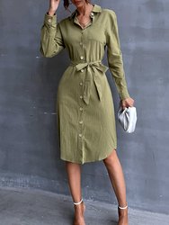 Contrast Button Belted Shirt Dress