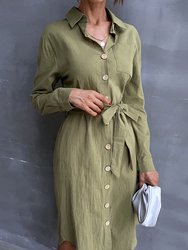 Contrast Button Belted Shirt Dress