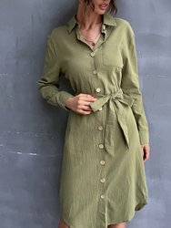 Contrast Button Belted Shirt Dress - Dark Olive