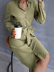 Contrast Button Belted Shirt Dress