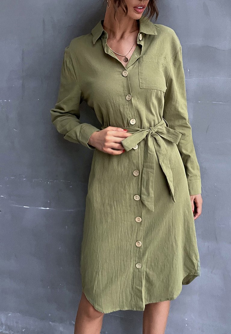 Contrast Button Belted Shirt Dress - Dark Olive