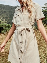 Contrast Button Down Belted Dress