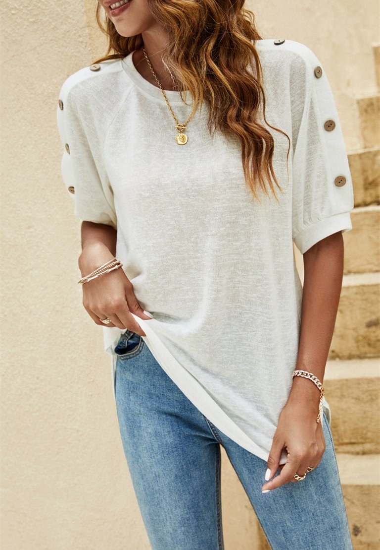 Contrast Button Sleeve Casual Top - White