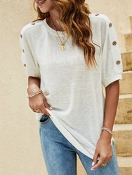 Contrast Button Sleeve Casual Top - White