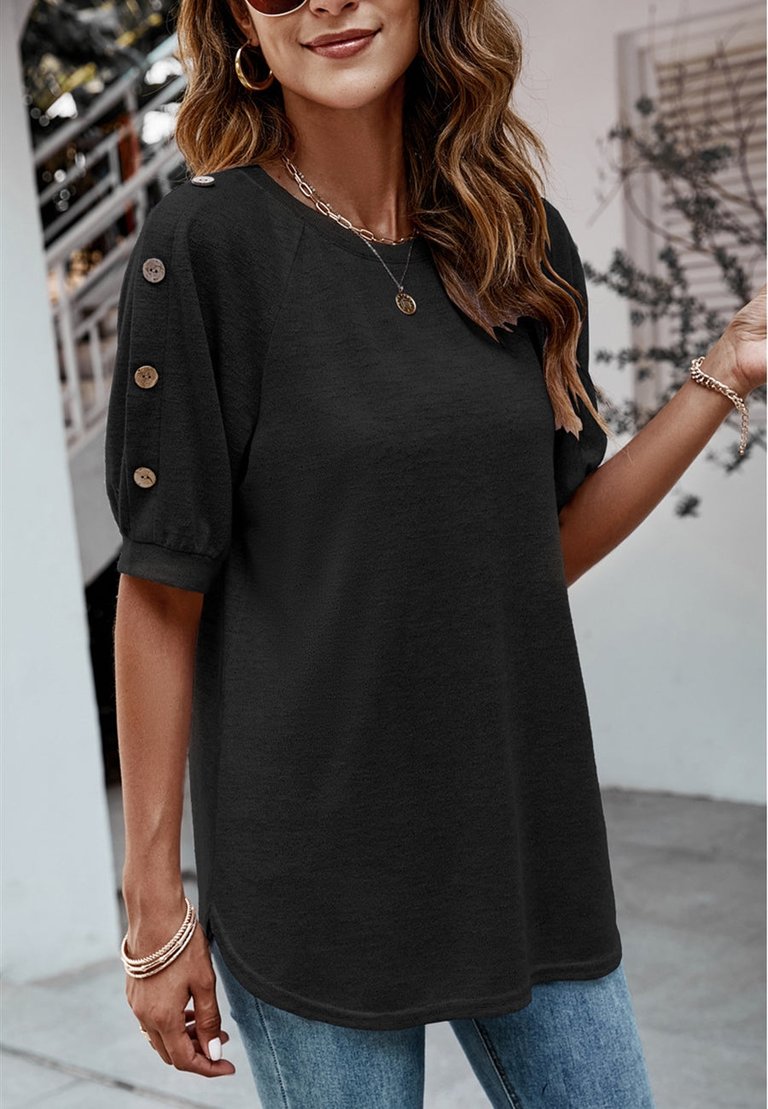 Contrast Button Sleeve Casual Top - Black