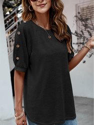 Contrast Button Sleeve Casual Top - Black