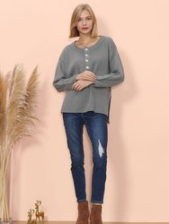 Contrast Half Button Down Sweater - Gray