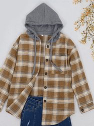 Contrast Hood Plaid Shacket - Brown