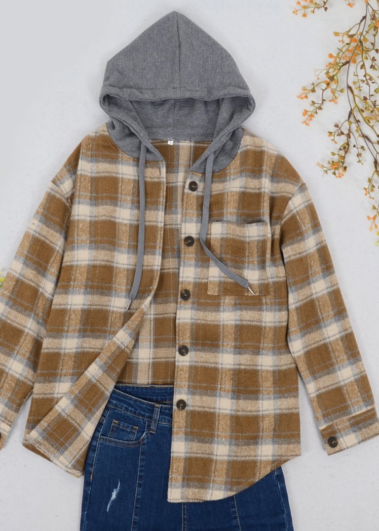 Contrast Hood Plaid Shacket - Brown