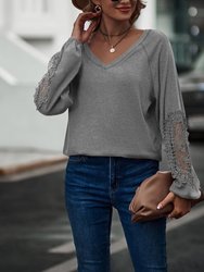 Contrast Lace Detail Raglan Sweater - Gray