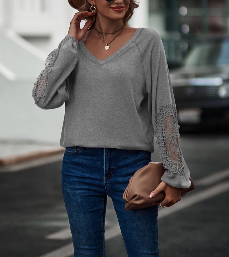 Contrast Lace Detail Raglan Sweater - Gray