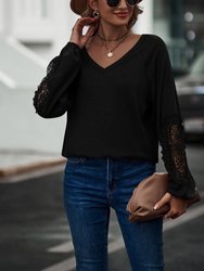 Contrast Lace Detail Raglan Sweater - Black