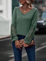 Contrast Lace Detail Raglan Sweater - Green
