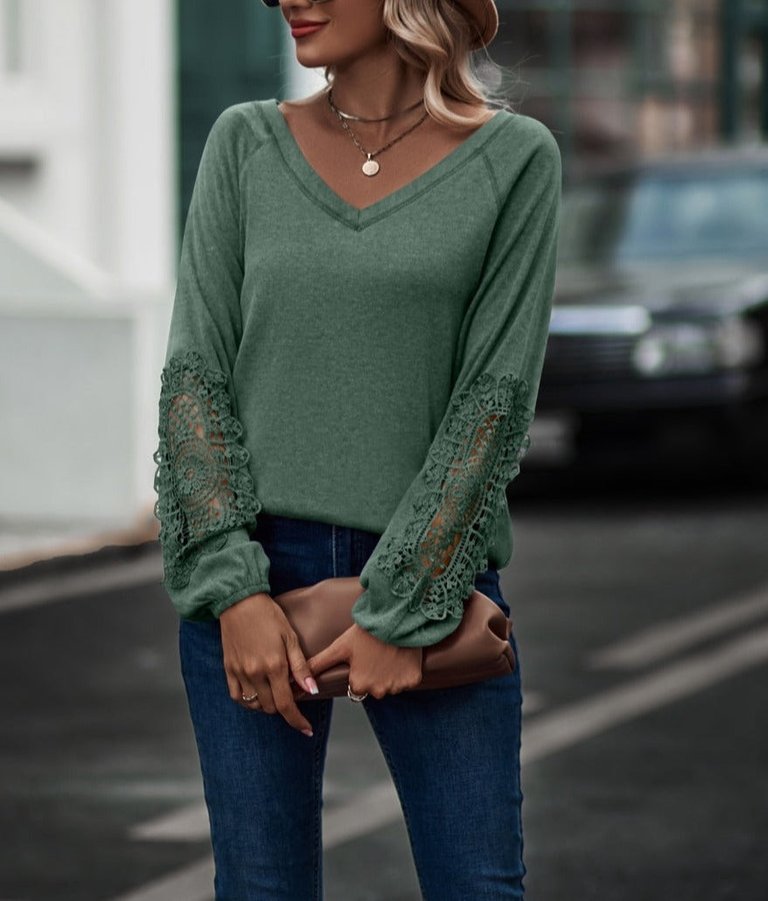 Contrast Lace Detail Raglan Sweater - Green