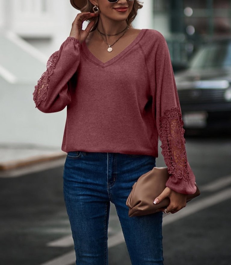 Contrast Lace Detail Raglan Sweater - Mauve Pink
