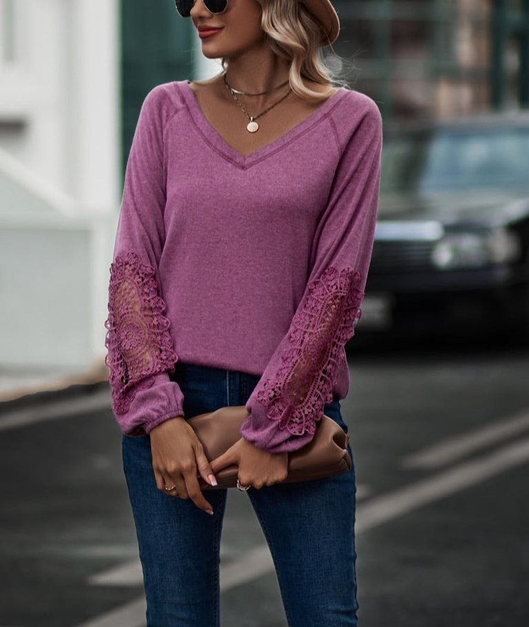Contrast Lace Detail Raglan Sweater - Pink