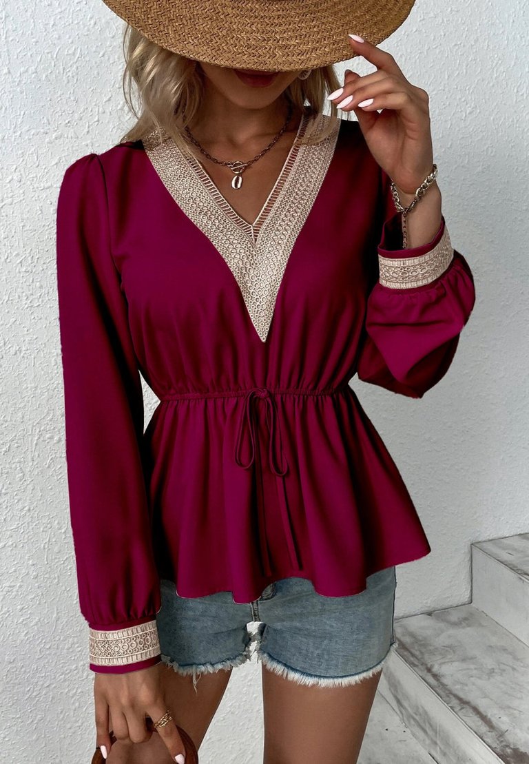 Contrast Lace Peplum Blouse - Burgundy