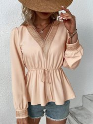 Contrast Lace Peplum Blouse - Beige