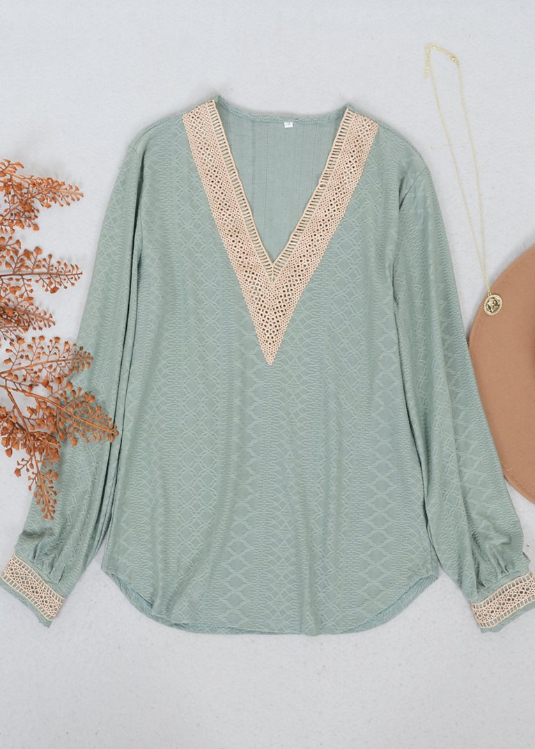 Crochet Detail V Neck Sweater - Green