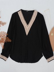 Crochet Detail V Neck Sweater - Black