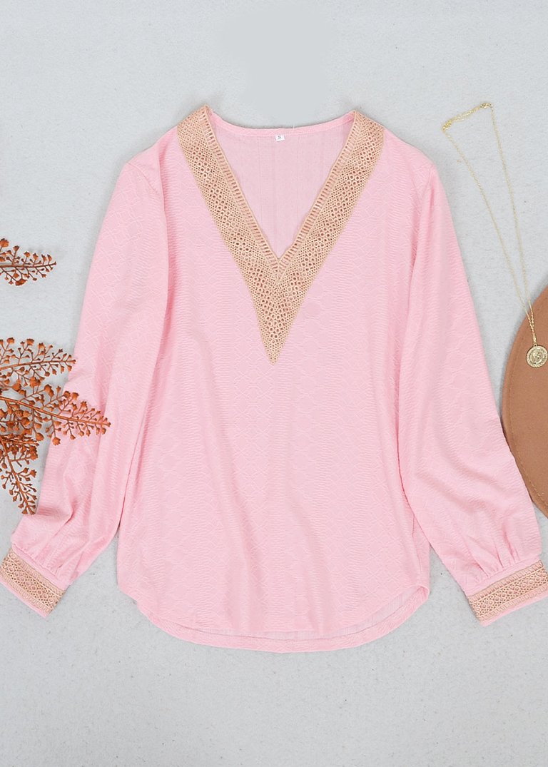 Crochet Detail V Neck Sweater - Pink