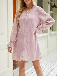 Crochet Lace Trim Swiss Dot Dress - Pink