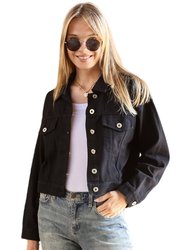 Cropped Button Down Denim Jean Jacket With Pockets - Black
