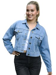 Cropped Button Down Denim Jean Jacket With Pockets - Blue