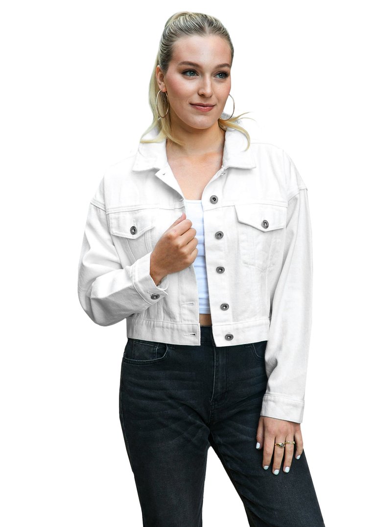 Cropped Button Down Denim Jean Jacket With Pockets - Off White