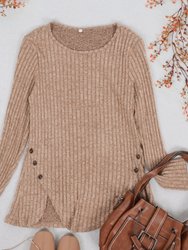 Curved Hem Side Button Sweater - Brown
