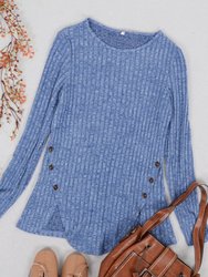 Curved Hem Side Button Sweater - Blue