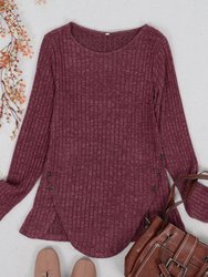 Curved Hem Side Button Sweater - Burgundy