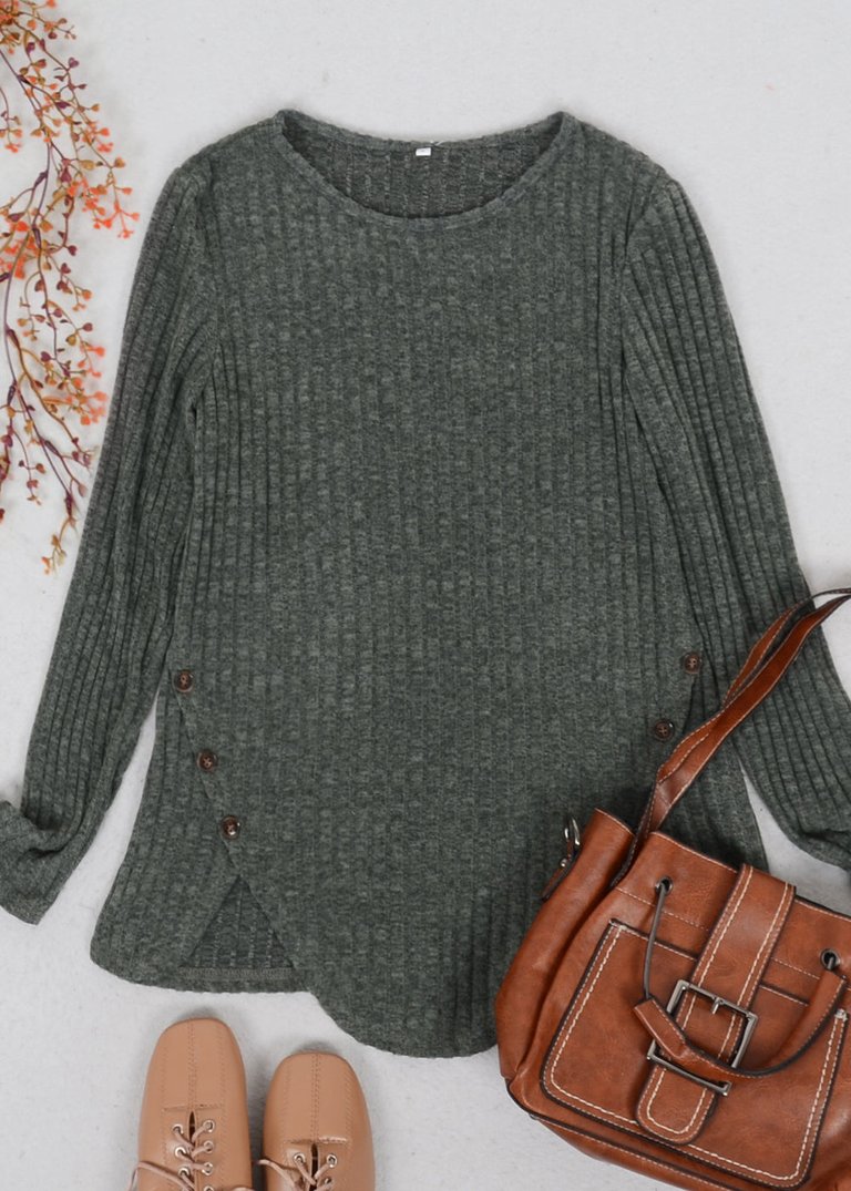 Curved Hem Side Button Sweater - Green