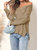 Deep U Neck Knitted Long Sleeve Top - Beige