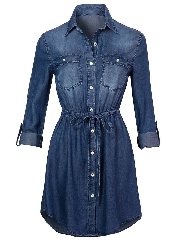 Denim Long-Sleeve Jean Shirt Dress - Dark Blue