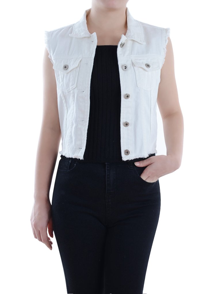 Distressed Denim Crop Vest - Off White