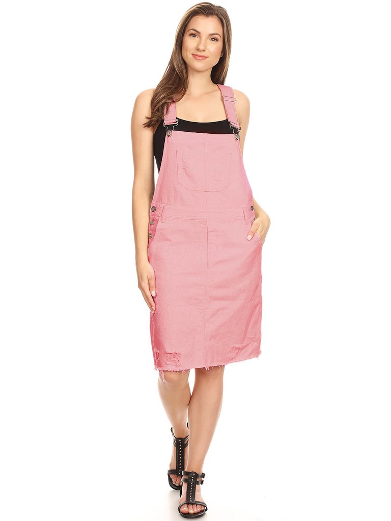 Distressed Denim Overall Midi Dress - Pink