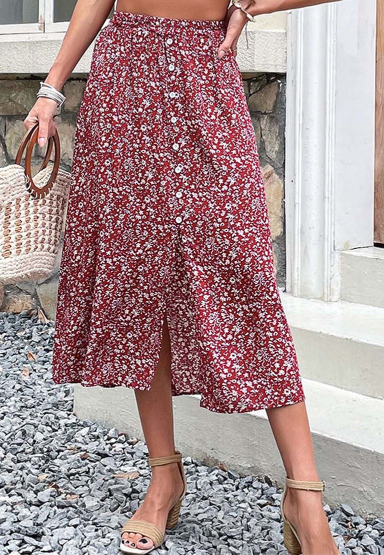 Ditsy Floral Button Down Skirt - Burgundy