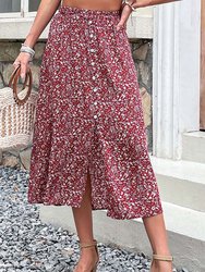 Ditsy Floral Button Down Skirt - Burgundy