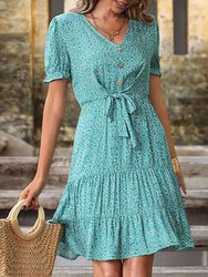 Ditsy Floral Tie Waist Dress - Teal