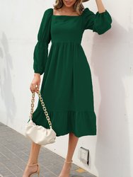 Double Puff Sleeve Solid Dress - Dark Green