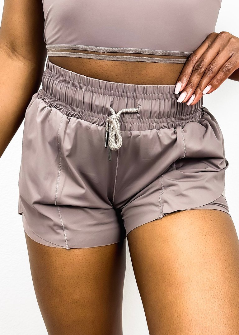 Drawstring Waist Lined Active Shorts - Taupe Brown